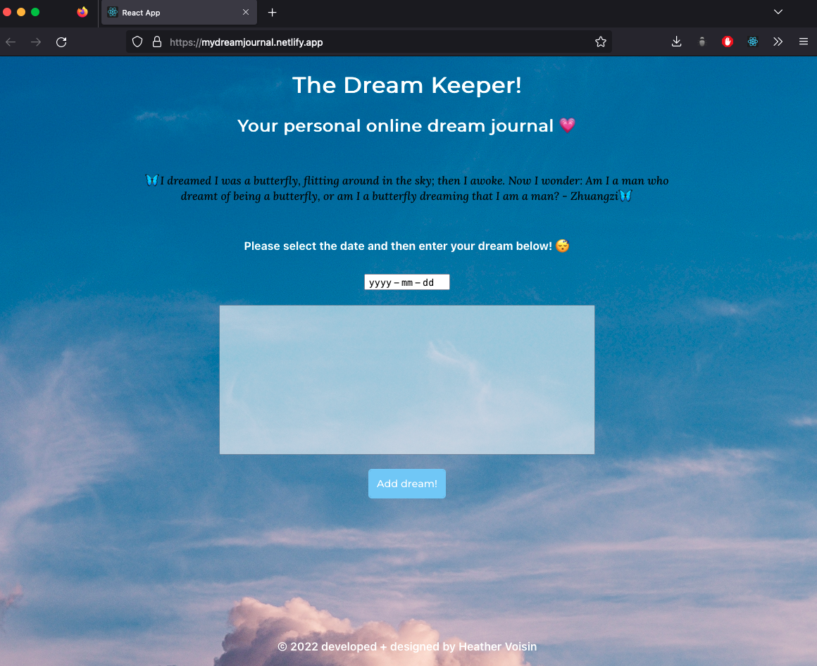 Screenshot of Dream Journal website